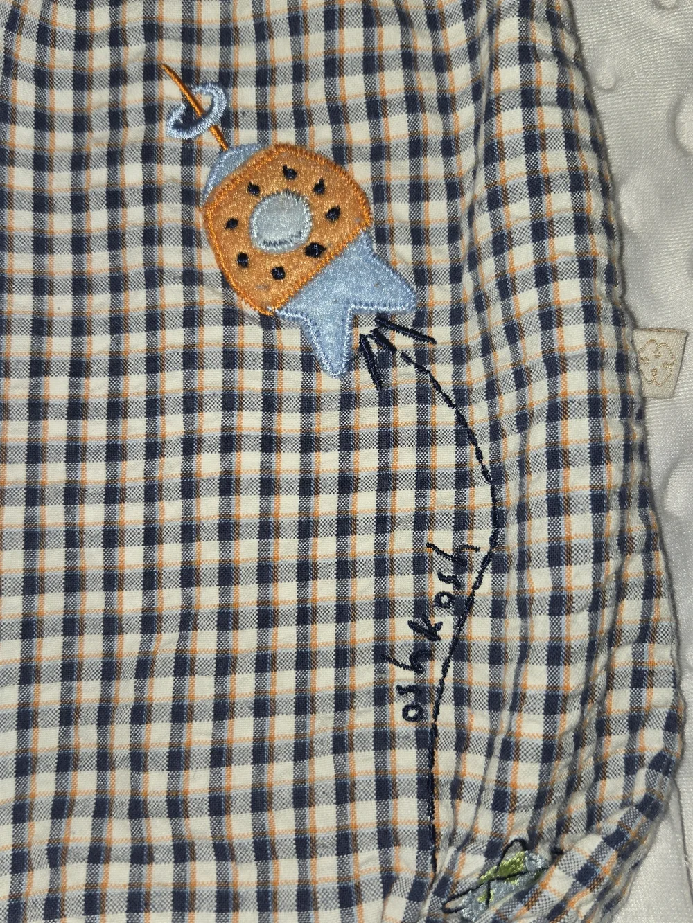 OshKosh B'gosh Navy Cream Gingham Onepiece with Embroidered Rocket Seersucker